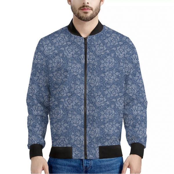 Rose Denim Jeans Pattern Print Bomber Jacket