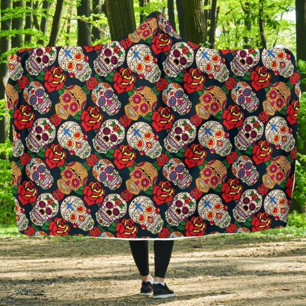 Rose Sugar Skull Skeleton Girly Floral Pattern Print Hooded Blanket Cloak Blanket