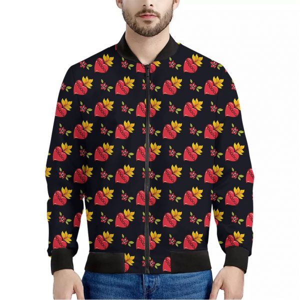 Sacred Heart Pattern Print Bomber Jacket