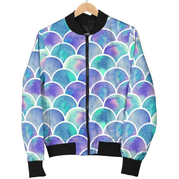 Sea Blue Mermaid Scales Pattern Print Bomber Jacket