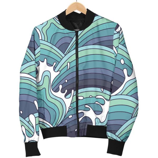 Sea Wave Surfing Pattern Print Bomber Jacket