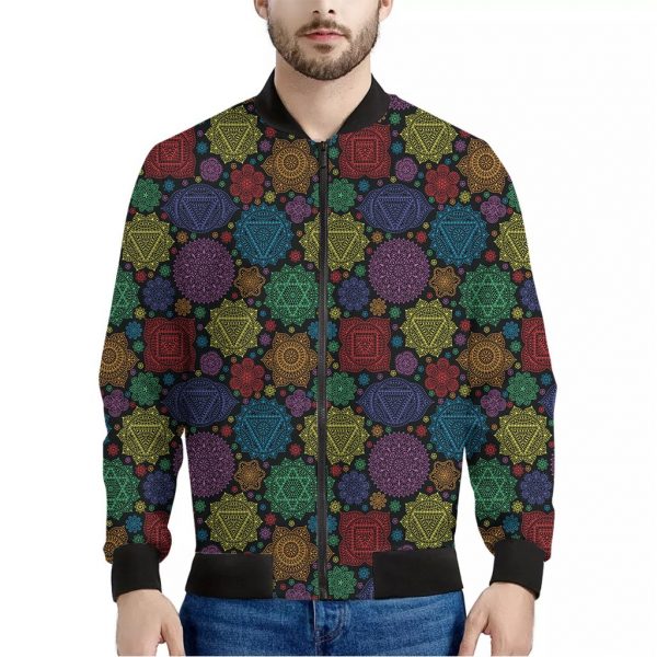 Seven Chakras Flowers Pattern Print Bomber Jacket