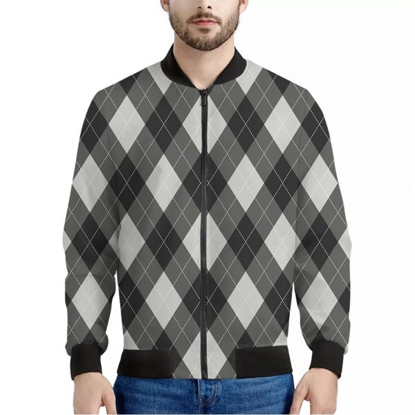 Shadow Grey Argyle Pattern Print Bomber Jacket