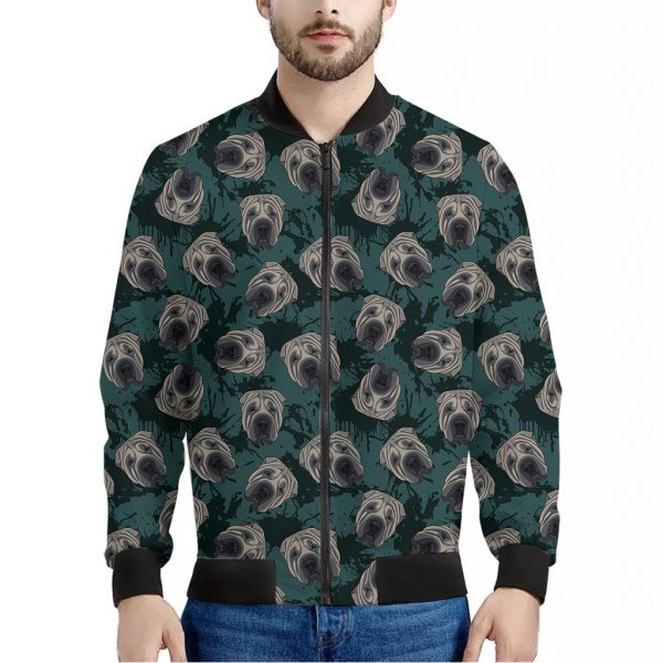 Shar Pei Face Pattern Print Bomber Jacket