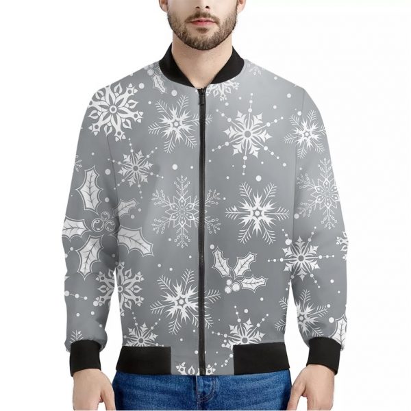 Silver And White Snowflake Pattern Print Bomber Jacket