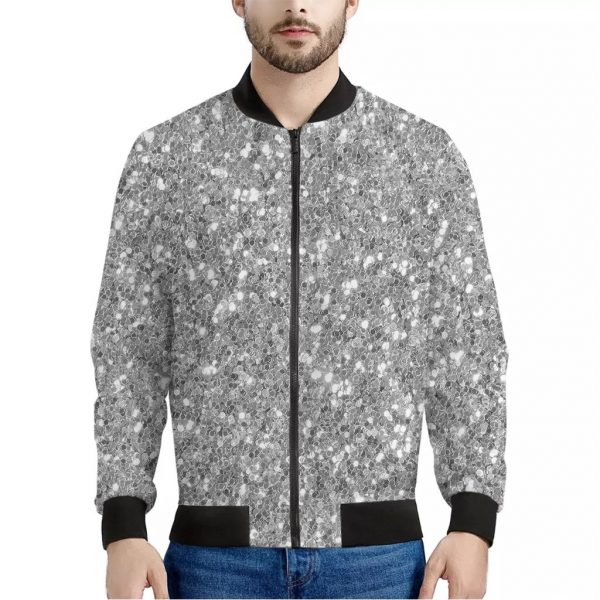 Silver Glitter Texture Print Bomber Jacket
