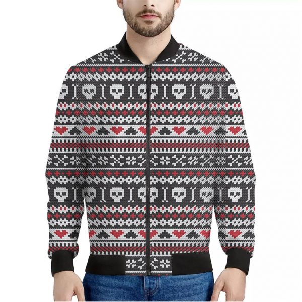 Skull Knitted Pattern Print Bomber Jacket