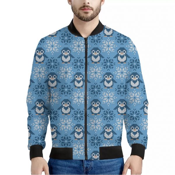 Snowy Penguin Knitted Pattern Print Bomber Jacket