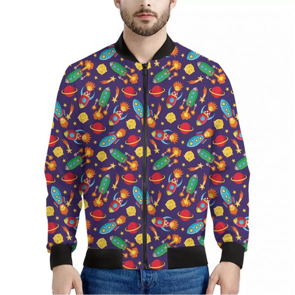 Space Rockets Pattern Print Bomber Jacket
