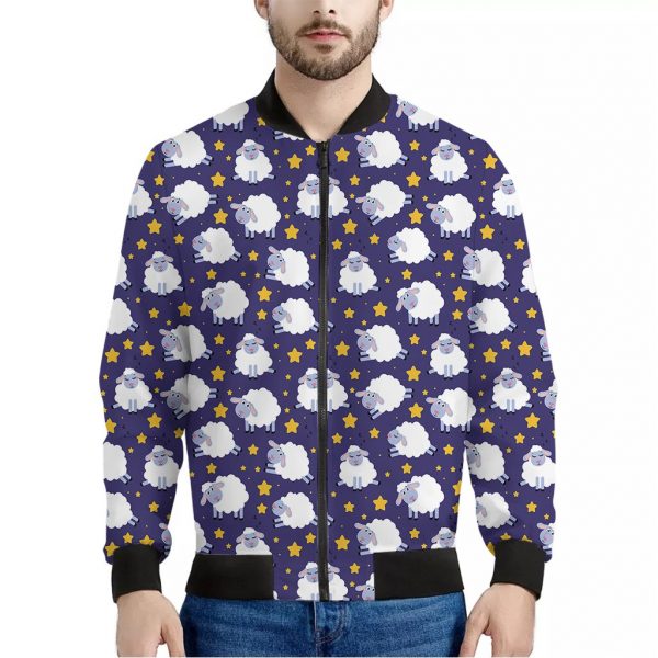Star And Sheep Pattern Print Bomber Jacket