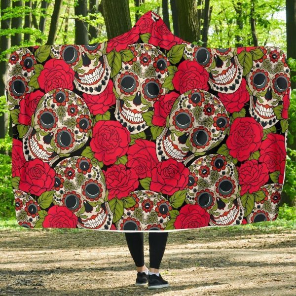 Sugar Skull Skeleton Girly Floral Rose Pattern Print Hooded Blanket Cloak Blanket