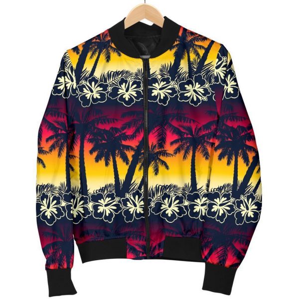 Sunset Hibiscus Palm Tree Pattern Print Bomber Jacket