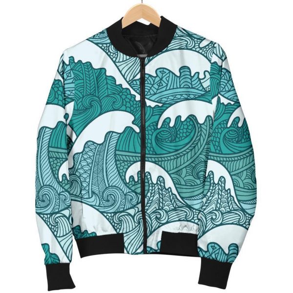 Surfing Wave Pattern Print Bomber Jacket