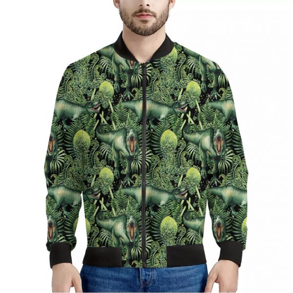 T-Rex Dinosaur And Jurassic Plants Print Bomber Jacket