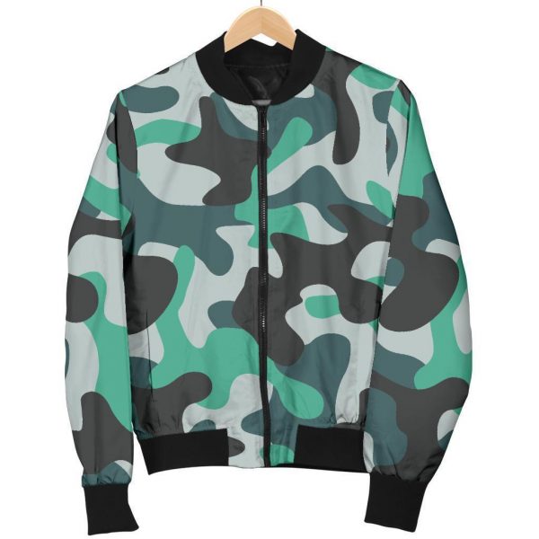 Teal And Black Camouflage Print Bomber Jacket