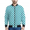 Teal And White Gingham Pattern Print Bomber Jacket