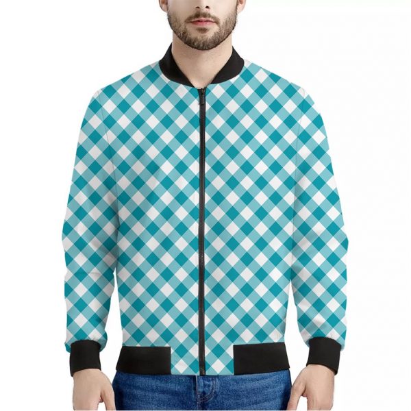 Teal And White Gingham Pattern Print Bomber Jacket