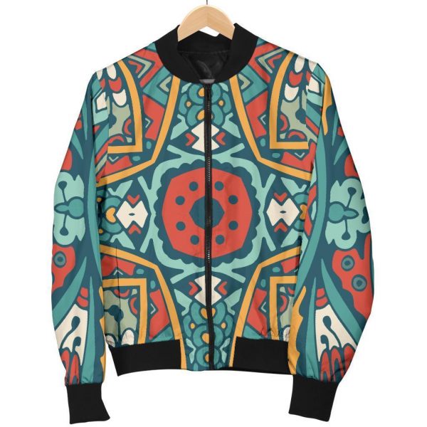 Teal Bohemian Mandala Pattern Print Bomber Jacket