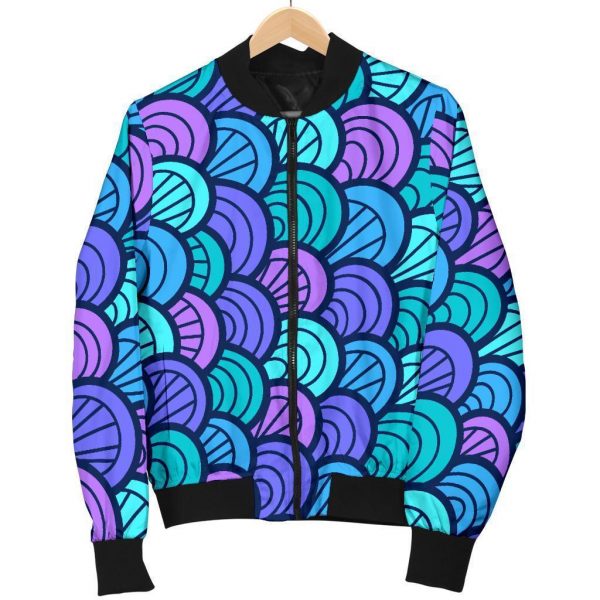 Teal Pink Mermaid Scales Pattern Print Bomber Jacket