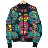 Teal Pink Sugar Skull Pattern Print Bomber Jacket