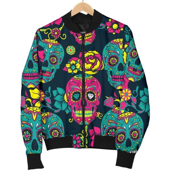 Teal Pink Sugar Skull Pattern Print Bomber Jacket