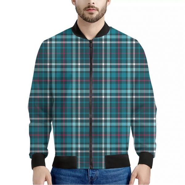 Teal Plaid Pattern Print Bomber Jacket