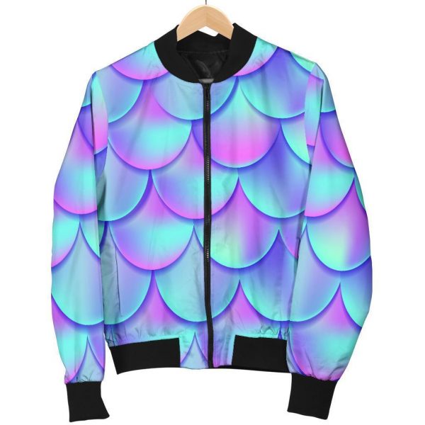 Teal Purple Mermaid Scales Pattern Print Bomber Jacket