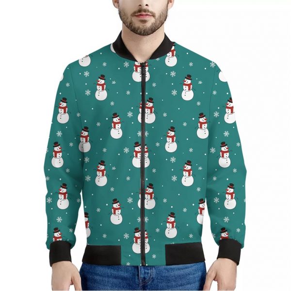 Teal Snowman Pattern Print Bomber Jacket