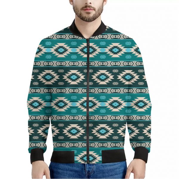 Teal Southwestern Navajo Pattern Print Bomber Jacket