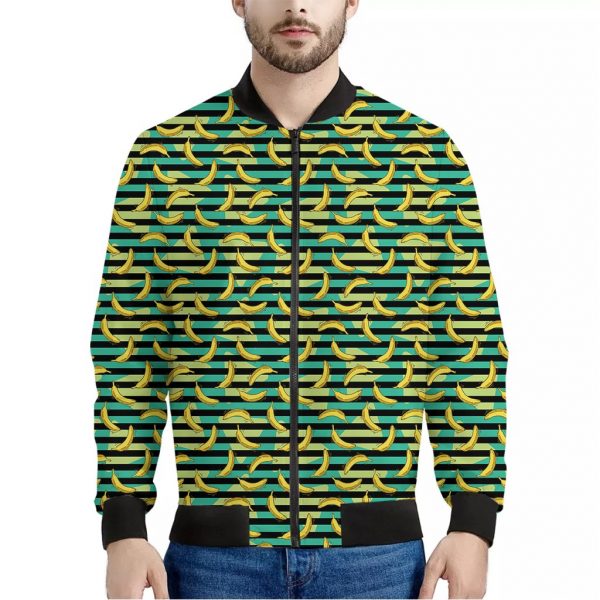 Teal Striped Banana Pattern Print Bomber Jacket