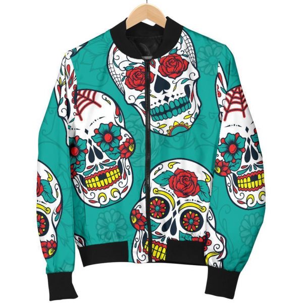 Teal Sugar Skull Pattern Print Bomber Jacket