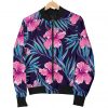 Teal Tropical Hibiscus Pattern Print Bomber Jacket