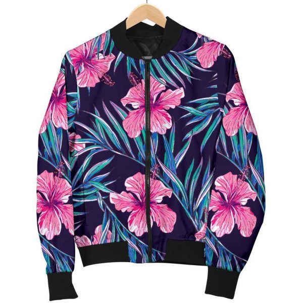 Teal Tropical Hibiscus Pattern Print Bomber Jacket