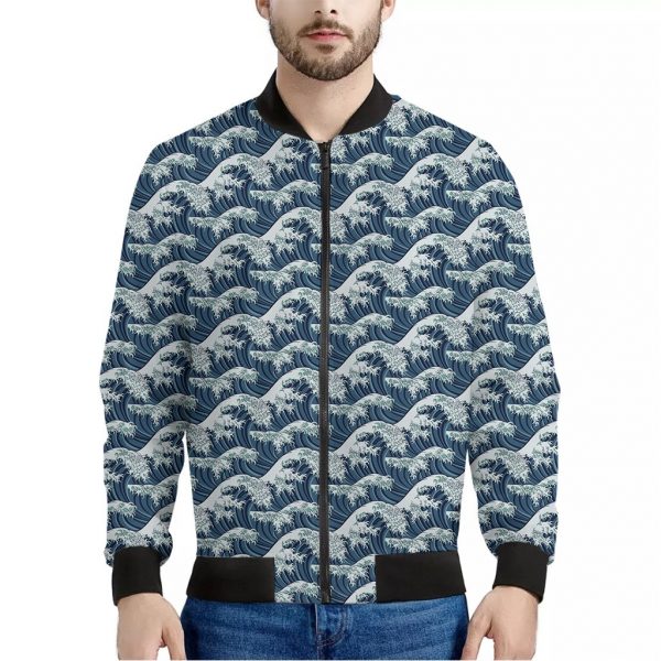 The Great Kanagawa Wave Pattern Print Bomber Jacket