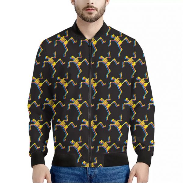 Trippy Dancing Skeleton Pattern Print Bomber Jacket