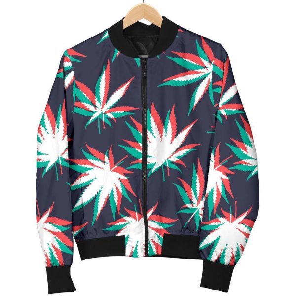 Trippy Hemp Leaves Reggae Pattern Print Bomber Jacket