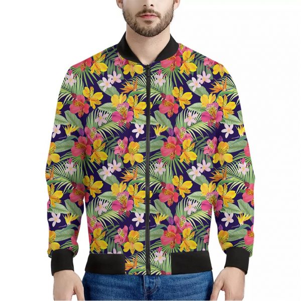 Tropical Alstroemeria Pattern Print Bomber Jacket