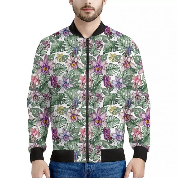 Tropical Cattleya Pattern Print Bomber Jacket