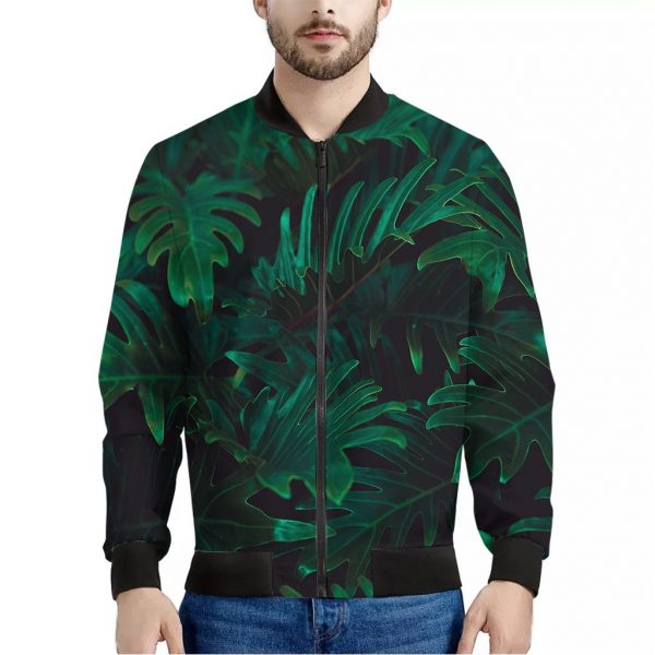 Tropical Fern Leaf Print Bomber Jacket