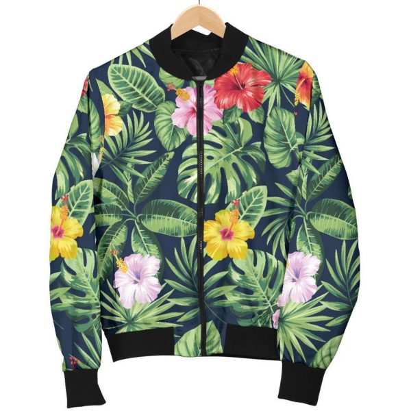 Tropical Hibiscus Flowers Pattern Print Bomber Jacket
