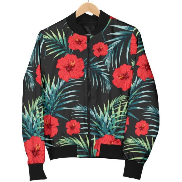 Tropical Hibiscus Leaves Pattern Print Bomber Jacket