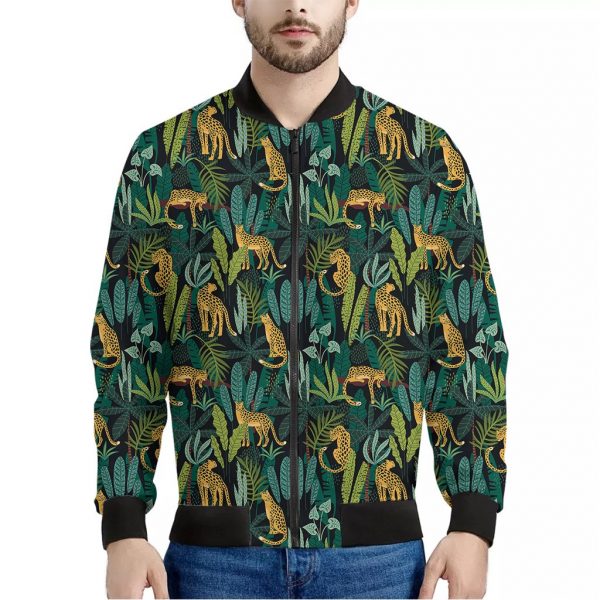 Tropical Jaguar Pattern Print Bomber Jacket