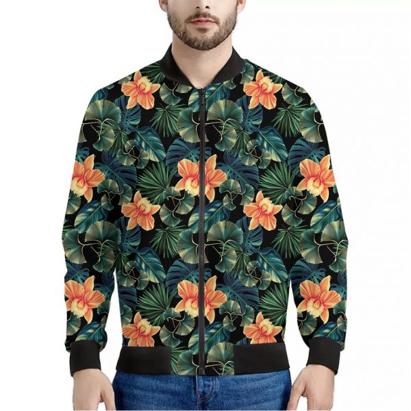 Tropical Leaf And Hawaiian Flower Print Bomber Jacket