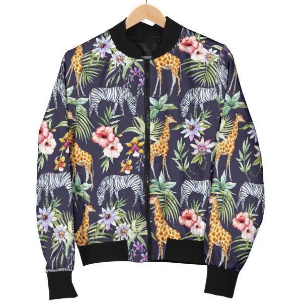 Tropical Zebra Giraffe Pattern Print Bomber Jacket