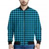 Turquoise And Black Check Pattern Print Bomber Jacket