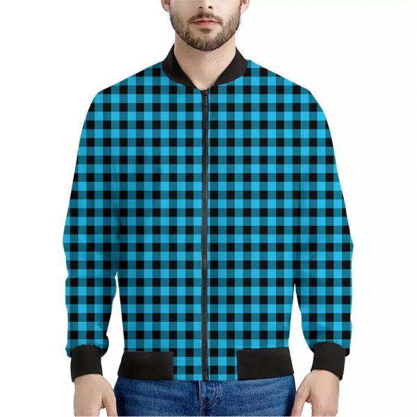 Turquoise And Black Check Pattern Print Bomber Jacket