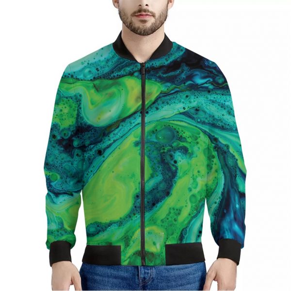 Turquoise And Green Acid Melt Print Bomber Jacket