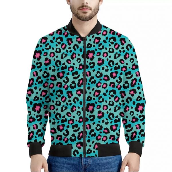 Turquoise And Pink Leopard Print Bomber Jacket