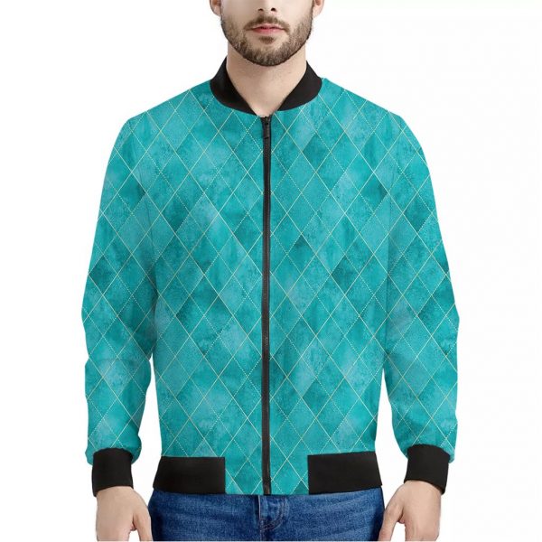 Turquoise Argyle Pattern Print Bomber Jacket