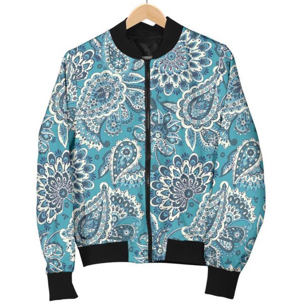 Turquoise Floral Bohemian Pattern Print Bomber Jacket